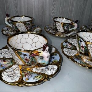 Vintage Capodimonte Porcelain Mermaid Cherub Cup/ Saucer Gold Gilt Italy Set‎ 6